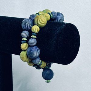 Blue And Green Beaded Memory Wire Wrap Bracelet